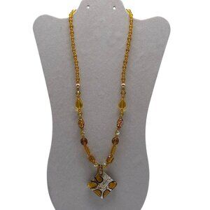 Amber Color Necklace With Square Artistic Pendant 24" Mixed Glass Metal Elements